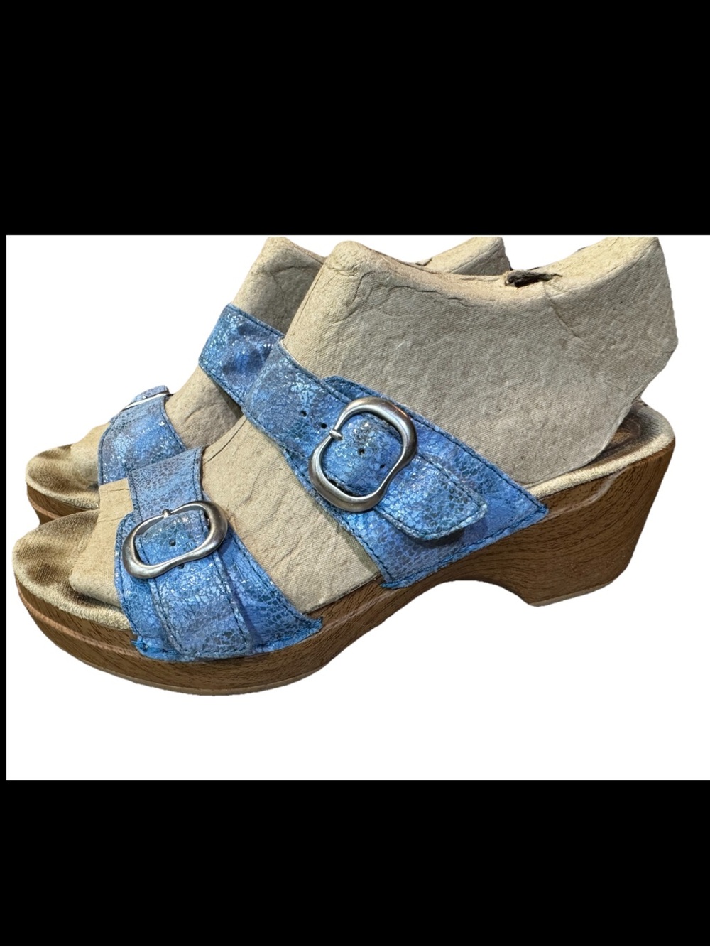 Dansko Sophie Sandals Womens Size 7.5 EU 38 Slip On Heel Leather Blue Metallic